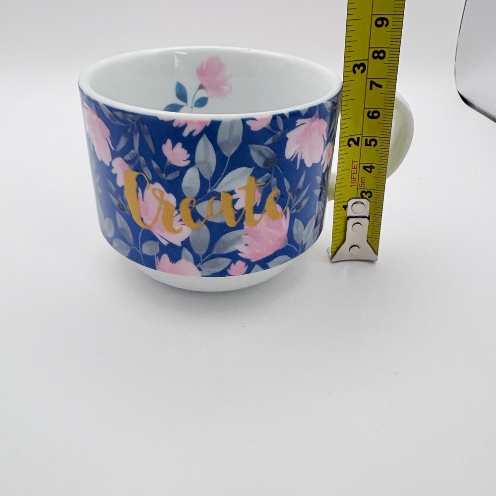 Pier 1 Coffee Tea Mug Stackable Navy Blue Floral Create Gold Script Small Chip - Picture 7 of 7